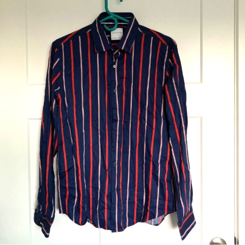 Ricky & Micky Men’s Navy Stripes with Red and White Button down Shirt, Size M